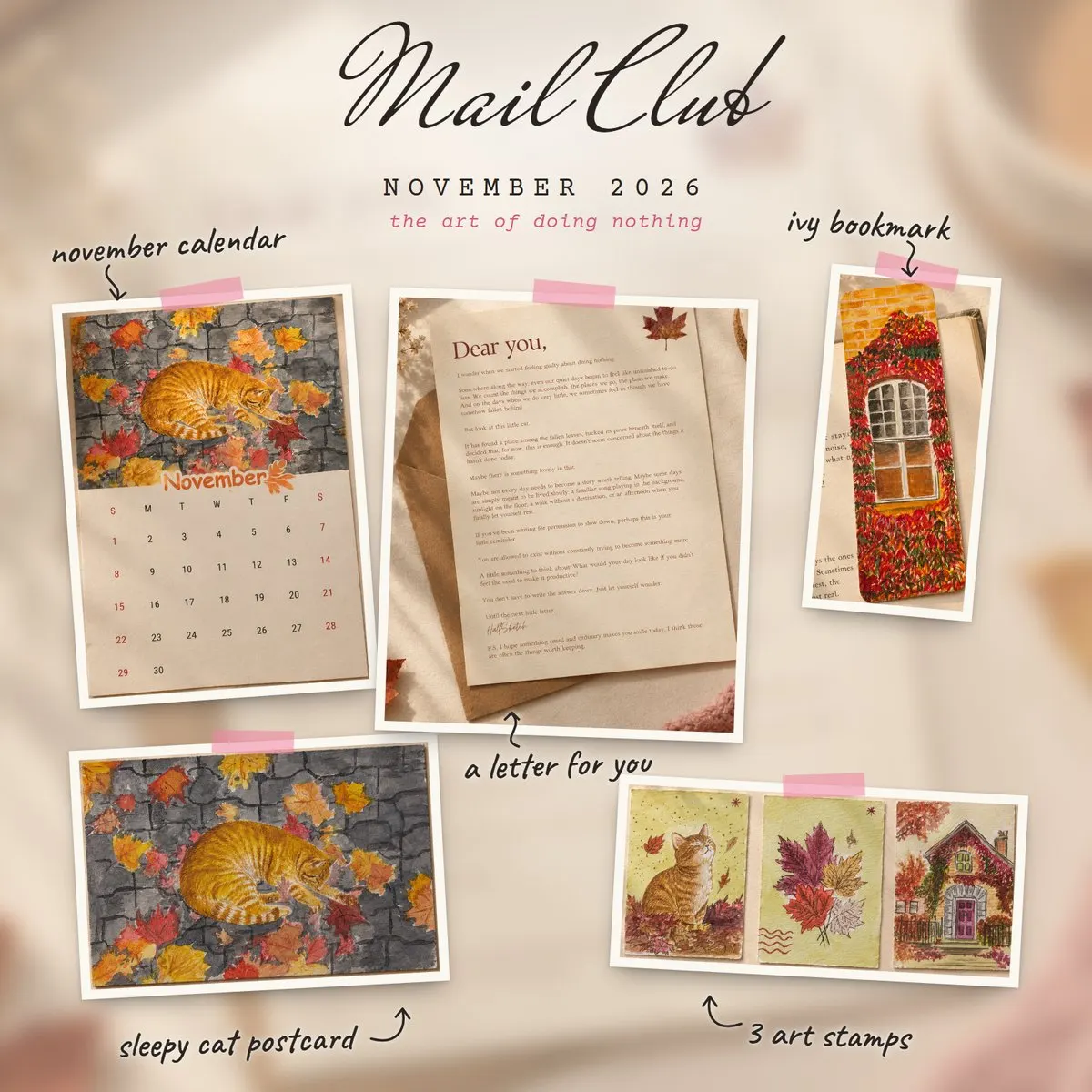 The November Mail Club: a sleepy cat postcard, an ivy bookmark, a November calendar, three art stamps and a letter